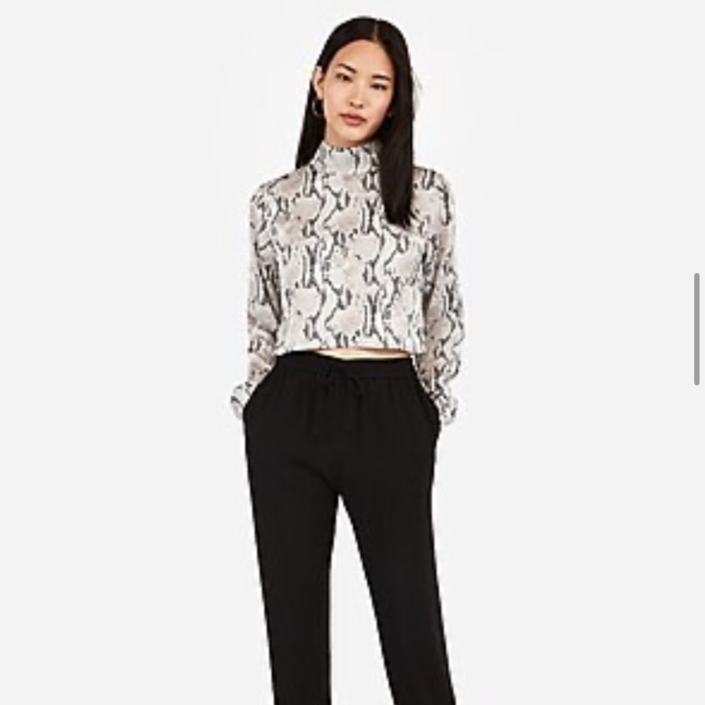 Satin Snakeskin Print Cropped Mock Neck Top